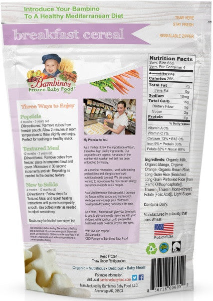 Breakfast Cereal, Bambinos Frozen Baby Food organic made healthy and delicious, 24 meals shipped to your door step nationwide. Best Baby Food, convenient ways to enjoy. Infant loves the flavor and texture  