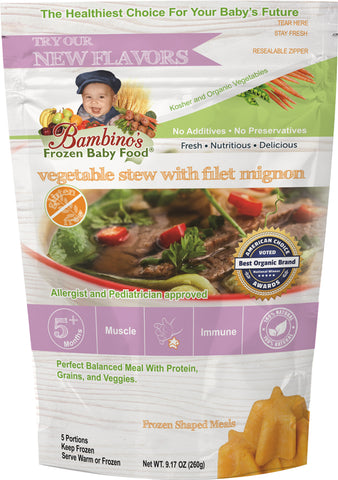 Front and back view of Bambino's Baby Food package for Vegetable Stew with Filet Mignon, frozen in star-shaped cubes. The front showcases vibrant illustrations of organic vegetables and filet mignon, with clear labeling of 'Organic', 'Kosher', 'All-Natural', 'No Additives', and 'Frozen Star-Shaped Cubes', alongside the Bambino's brand logo and a window displaying the actual frozen star-shaped product.