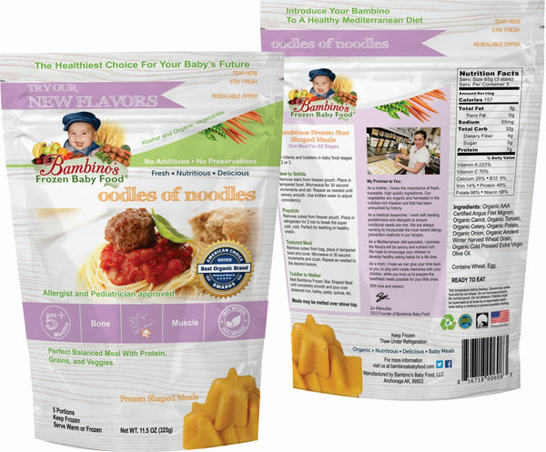 Oodles of Noodles - Organic frozen Non GMO Bambinos Baby Food. Baby food national subscription service. 24 meals great flavor easy to prepare trusted by allergists and pediatricians. Best Organic Baby food and Baby teething popsicles. WWW.BambinosBabyFood.com  front and back of package