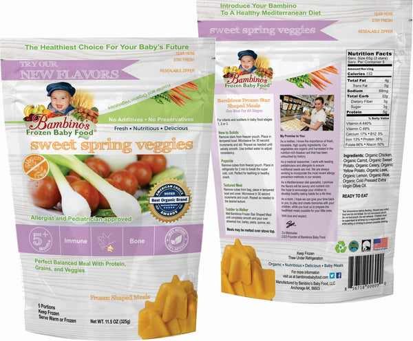 Bambinos Baby Food Frozen Star Shaped Meals - Sweet Spring Veggies best organic alaskan vegetables pure and healthy baby food front and back of package