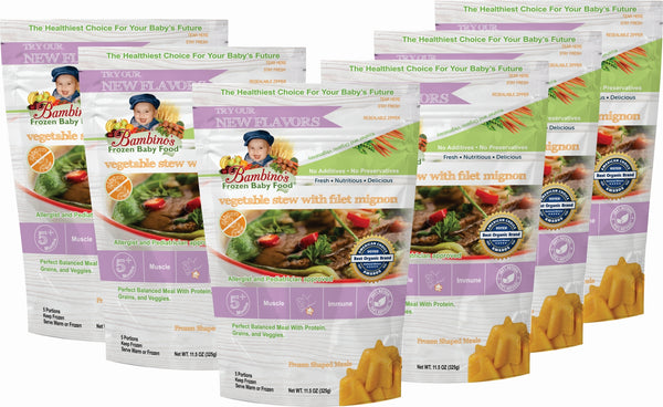 Image displaying a one-month supply of Bambino's Baby Food, featuring six bags of Vegetable Stew with Filet Mignon frozen in star-shaped cubes. Each bag is adorned with colorful illustrations of organic vegetables and premium filet mignon, showcasing the 'Organic', 'Kosher', and 'All-Natural' labels, along with a window revealing the frozen star-shaped contents. The arrangement conveys the abundance and quality of a month's nutrition for your baby.