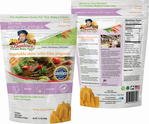 Image of Bambino's Baby Food package, showing front with vibrant illustrations of organic ingredients and frozen star-shaped cubes visible through a window, and back detailing nutritional info, feeding instructions, and the product's organic, Alaskan origins. Highlights include 'Organic', 'Kosher', 'No Additives', and brand story.