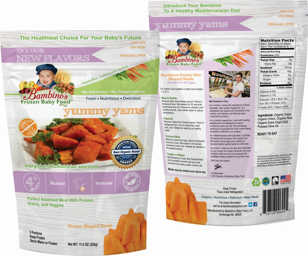 bambinos frozen baby food yummy yams frozen shaped meals best organic Alaska Alaskan pure wholesome meals for babies front and back of package