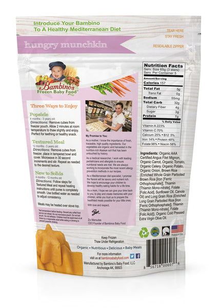 bambinos frozen baby food hungry munchkin frozen shaped meals six 6 pack what is in the order back of the bag