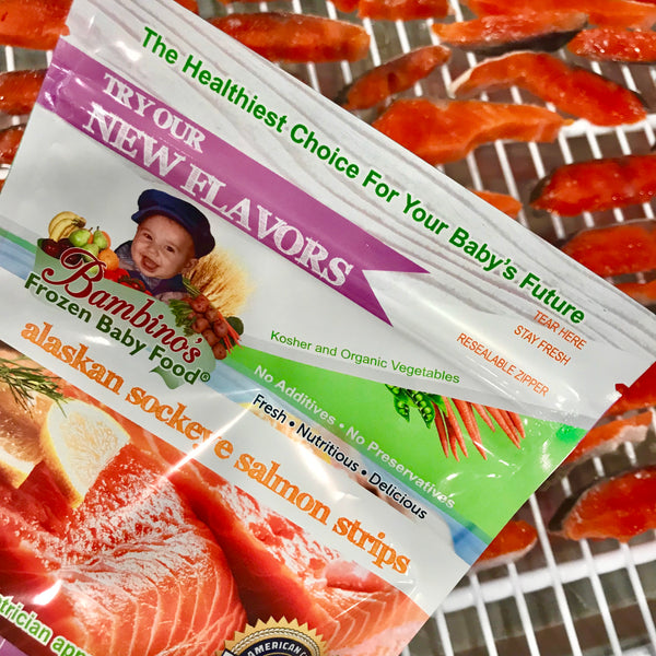 Alaskan Sockeye Salmon Strip for teething baby toddler snack finger food omega rich best product Bambinos baby food Zoi Maroudas healthy food product natural non gmo fresh home delivery 