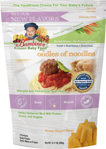 Oodles of Noodles - Organic frozen Non GMO Bambinos Baby Food. Baby food national subscription service. 24 meals great flavor easy to prepare trusted by allergists and pediatricians. Best Organic Baby food and Baby teething popsicles. WWW.BambinosBabyFood.com  
