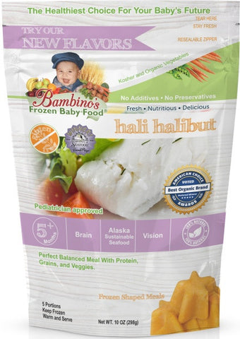 Hali Halibut Best Frozen Baby Food, Bambinos Frozen Baby Food, Great source of Natural Omegas, prefect balanced nutrition for infant development.  24 Meals for $91.50 ships nationally to your door step