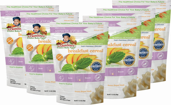 Breakfast Cereal, Bambinos Frozen Baby Food organic made healthy and delicious, 24 meals shipped to your door step nationwide. Best Baby Food six 6 pack what is in the order