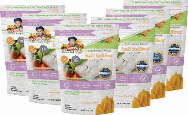 Hali Halibut Best Frozen Baby Food, Bambinos Frozen Baby Food, Great source of Natural Omegas, prefect balanced nutrition for infant development.  24 Meals for $91.50 ships nationally to your door step six pack what is in the order