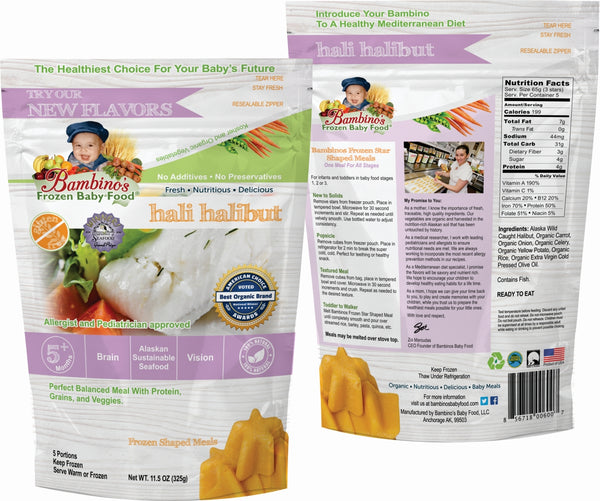 Hali Halibut Best Frozen Baby Food, Bambinos Frozen Baby Food, Great source of Natural Omegas, prefect balanced nutrition for infant development.  24 Meals for $91.50 ships nationally to your door step front and back of package