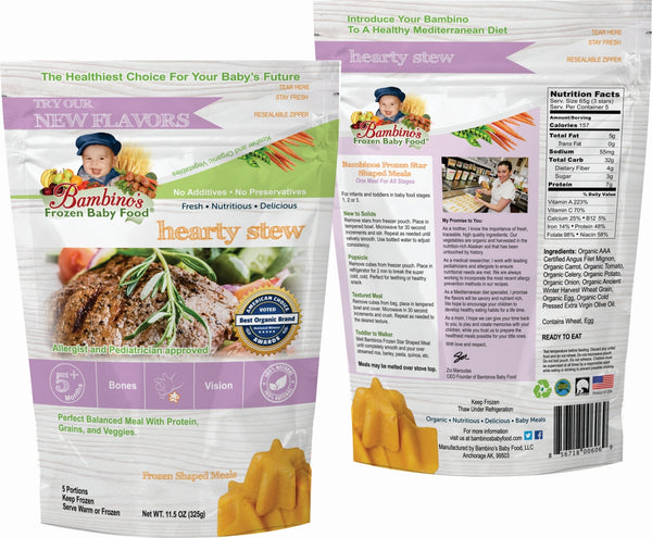 Hearty Stew - Bambinos Frozen Baby Food. Beautiful blend of filet mignon, veggies and grains. Organic all natural Alaskan farmed ingredients dedicated to infant development. Trusted by Allergist, pediatricians and parents. Just like homemade and much more. National natural frozen baby food delivery and subscription service. Best Baby Food. 24 meals for $76.96.  front and back of package