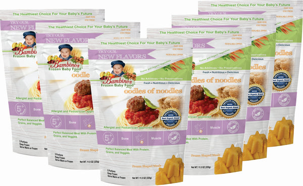 Oodles of Noodles - Organic frozen Non GMO Bambinos Baby Food. Baby food national subscription service. 24 meals great flavor easy to prepare trusted by allergists and pediatricians. Best Organic Baby food and Baby teething popsicles. WWW.BambinosBabyFood.com  six 6 pack what is in the order