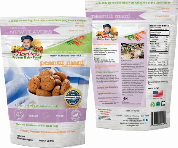 Bambinos Baby Food Frozen Star Shaped Meals - Peanut Mani peanut allergy prevention allergic reaction wean off leap study front and back of study