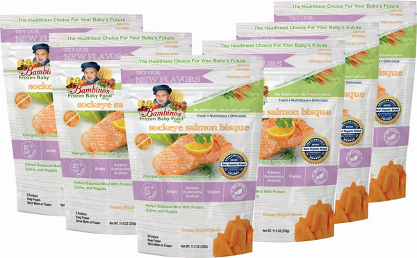bambinos frozen baby food sockeye salmon bisque frozen shaped meals symphony of seafood grand prize winner alaska alaskan best organic six 6 pack what is in the order