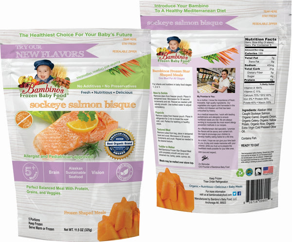 bambinos frozen baby food sockeye salmon bisque frozen shaped meals symphony of seafood grand prize winner alaska alaskan best organic front and back of package
