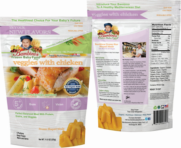 Bambinos Baby Food Frozen Star Shaped Meals - Veggies with Chicken best organic pure alaskan vegetables alaska subscription to your home front and back of packet