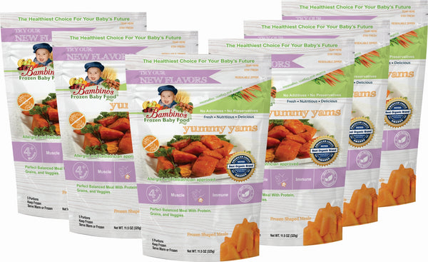 bambinos frozen baby food yummy yams frozen shaped meals best organic Alaska Alaskan pure wholesome meals for babies six 6 pack what is in the order