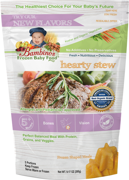 Hearty Stew - Bambinos Frozen Baby Food. Beautiful blend of filet mignon, veggies and grains. Organic all natural Alaskan farmed ingredients dedicated to infant development. Trusted by Allergist, pediatricians and parents. Just like homemade and much more. National natural frozen baby food delivery and subscription service. Best Baby Food. 24 meals for $76.96.      