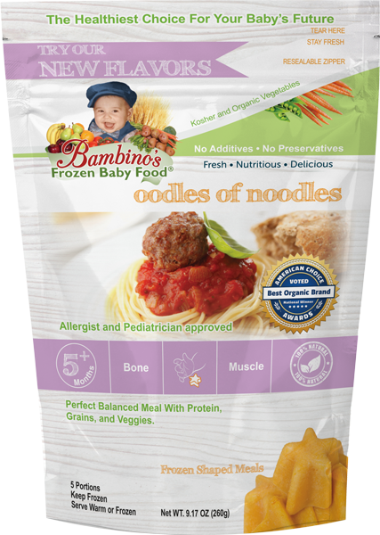 Oodles of Noodles - Organic frozen Non GMO Bambinos Baby Food. Baby food national subscription service. 24 meals great flavor easy to prepare trusted by allergists and pediatricians. Best Organic Baby food and Baby teething popsicles. WWW.BambinosBabyFood.com  