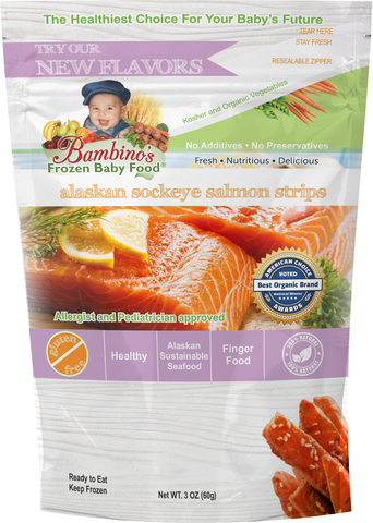 Alaskan Sockeye Salmon Strip for teething baby toddler snack finger food omega rich best product Bambinos baby food Zoi Maroudas healthy food product natural non gmo 