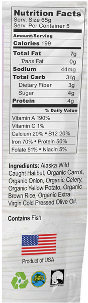 Nutrition facts Ingredients  Hal Halibut Frozen Baby Food Organic Natural Omegas for infant and toddlers, snacks, popsicles, teething healthy delicious  